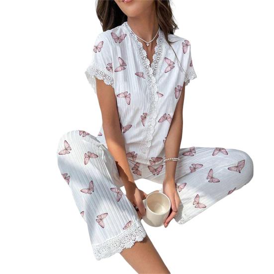 Women's Cherry Print Pajama Set Short Sleeve Button Front Top Long Pants Sleepwear Set Lace Trim 2-Piece Nightwear