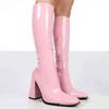 Fashion Metal Square Toe Block Heel Single Boots Autumn New Patent Leather Side Zip Anti-Slip Wear-Resistant Tall Boots