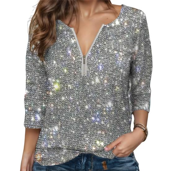 Women Shirt Round Neck Zipper Half Placket Long Sleeve Pullover Tops Sparkling Sequins Regular Fit Tops