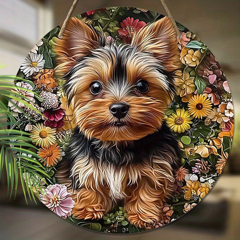 Panneaux décoratifs plats 2D à suspendre, décoration murale ou de porte intérieure, décoration de jardin, le motif est un chien et des marguerites, cadeau de pendaison de crémaillère pour des amis