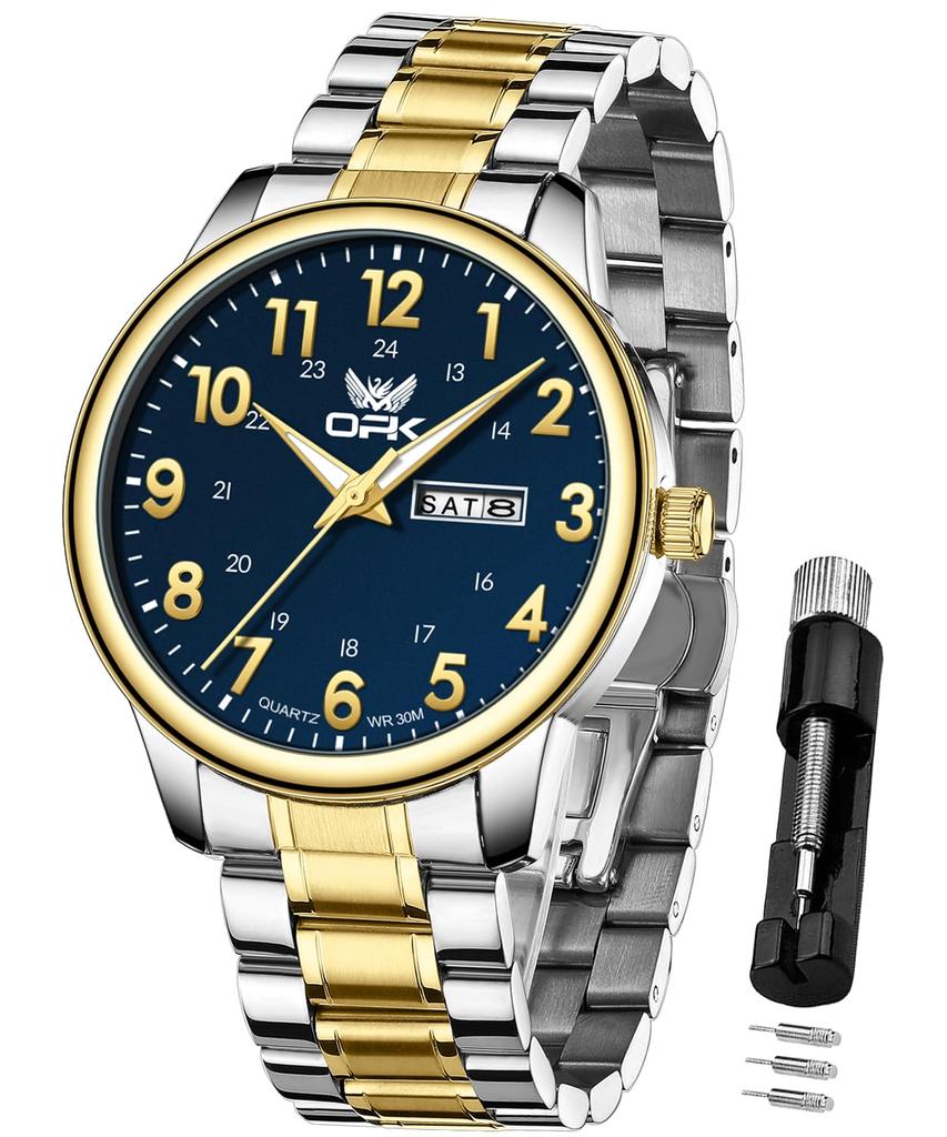 OPK Watch Popular Stylish Waterproof Date Luminous Easy To See Calendar Quartz Watch Business Student Company Watch for Men Gold Blue Men's Men's &