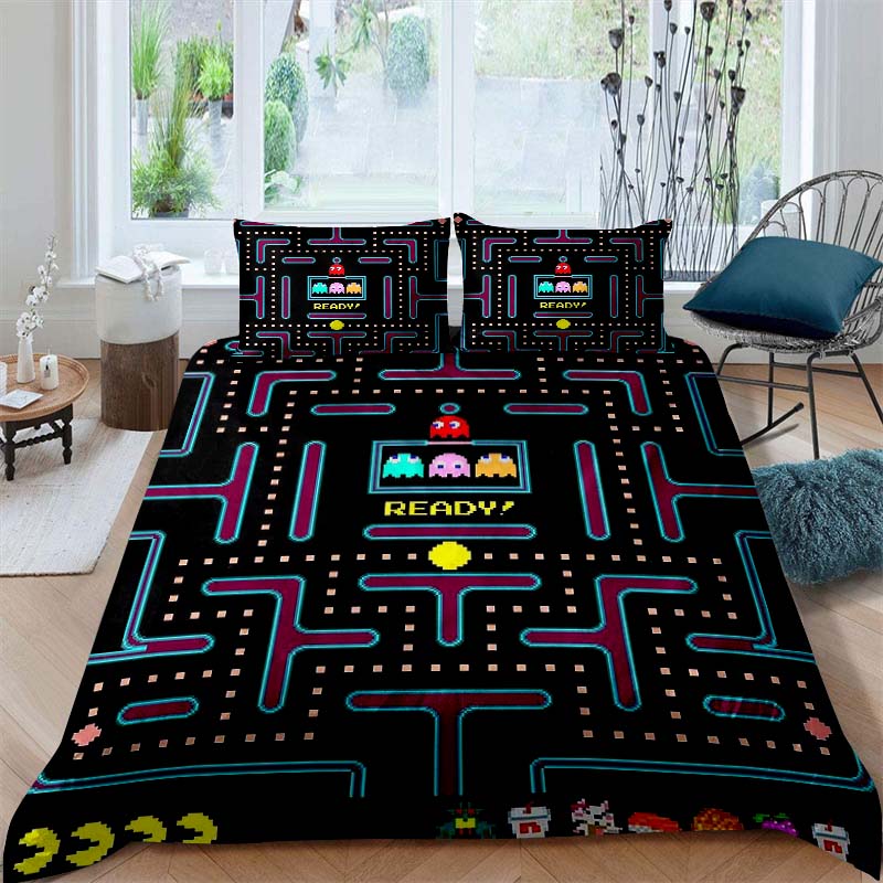Das Pac-Man Kinder-Lernspiel-Bettwäscheset—das einen Bettbezug und zwei Kissenbezüge enthält—ist das perfekte Feiertags