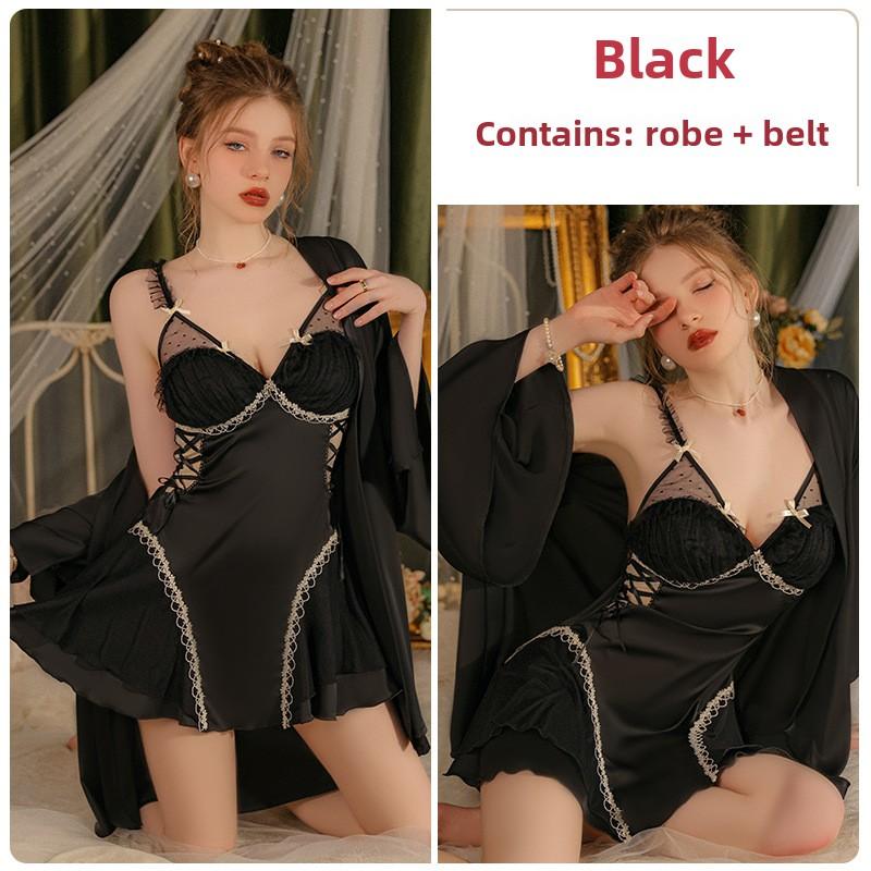 Comfortable Satin Yarn See-through Deep V Plus Chest Pad Nightdress Robe Loungewear Set