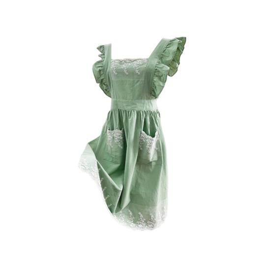 Yousheng Kitchen Apron Adjustable Strap Sleeveless Double Pockets Waist Tie Japanese Style Dining Room Women Lace Cooking Apron Daily Use