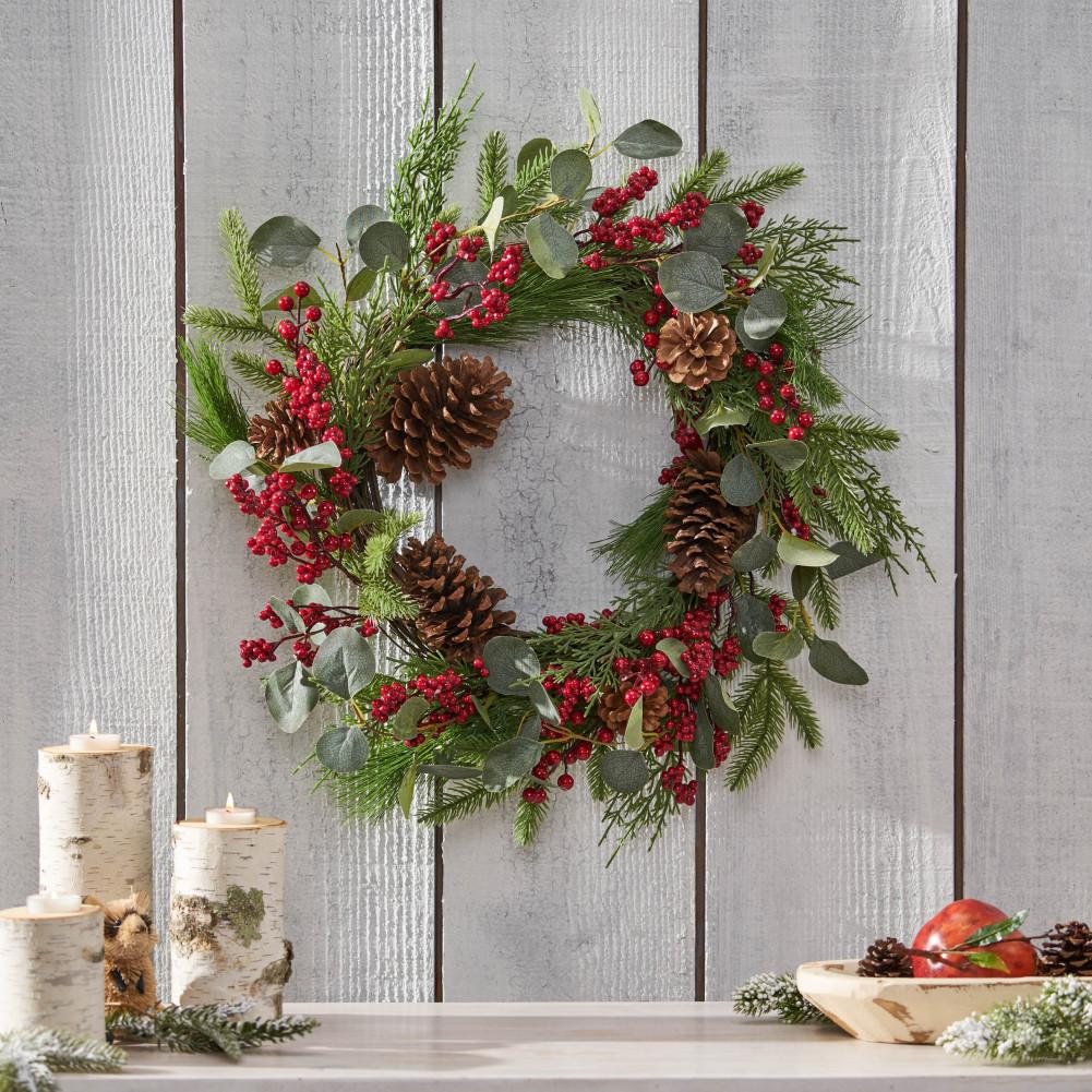 22" Christmas Wreath Berry Eucalyptus Pine Cone Needles Wreath Decor Stylish Front Door Wreaths Realistic Wreath Holiday Decor