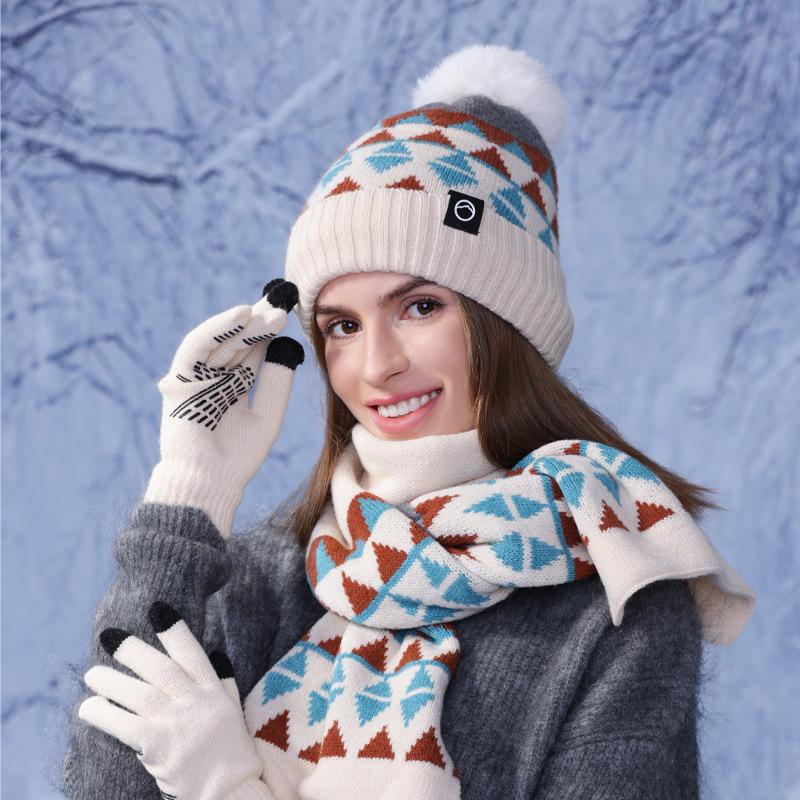 Winter Warm Hat Scarf Three-piece Set Women's Outdoor Velvet Cold-proof Pullover Hat Fashion Knitted Wool Hat