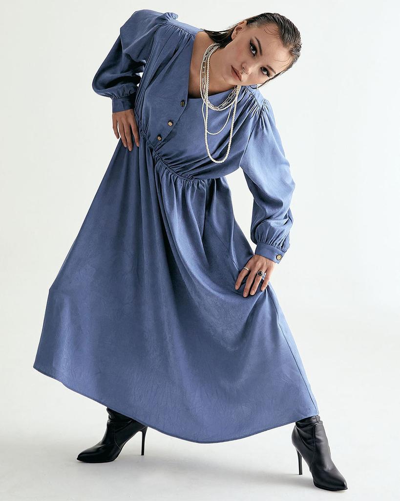 Salon De Seoul V-Neck Crease Shirred Dress - Classic Blue