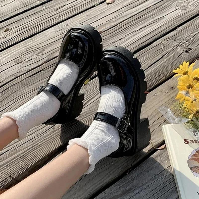 Moda Damskie Japońskie Buty Lolita Vintage Miękkie Wysokie Obcasy Platforma Skóra Studentka Mary Jane Damskie Koturny Buty dla Kobiet