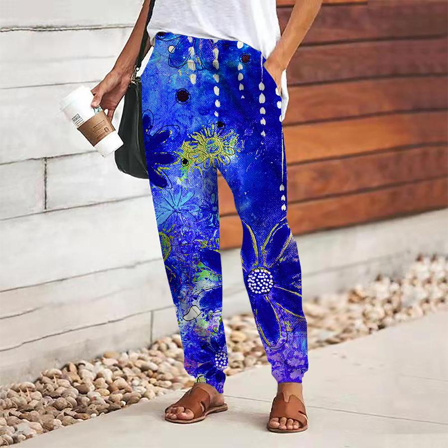 Women Flower Printing Pants Lace Up Elastic Waist Loose  Trousers Casual Long Pants Trousers with Pockets