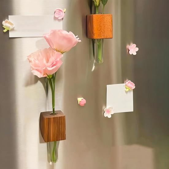 3Pcs Wooden Test Tube Refrigerator Magnet Mini Vase Flowers Plants Holder Fridge Magnet Home Office Kitchen Locker Decoration