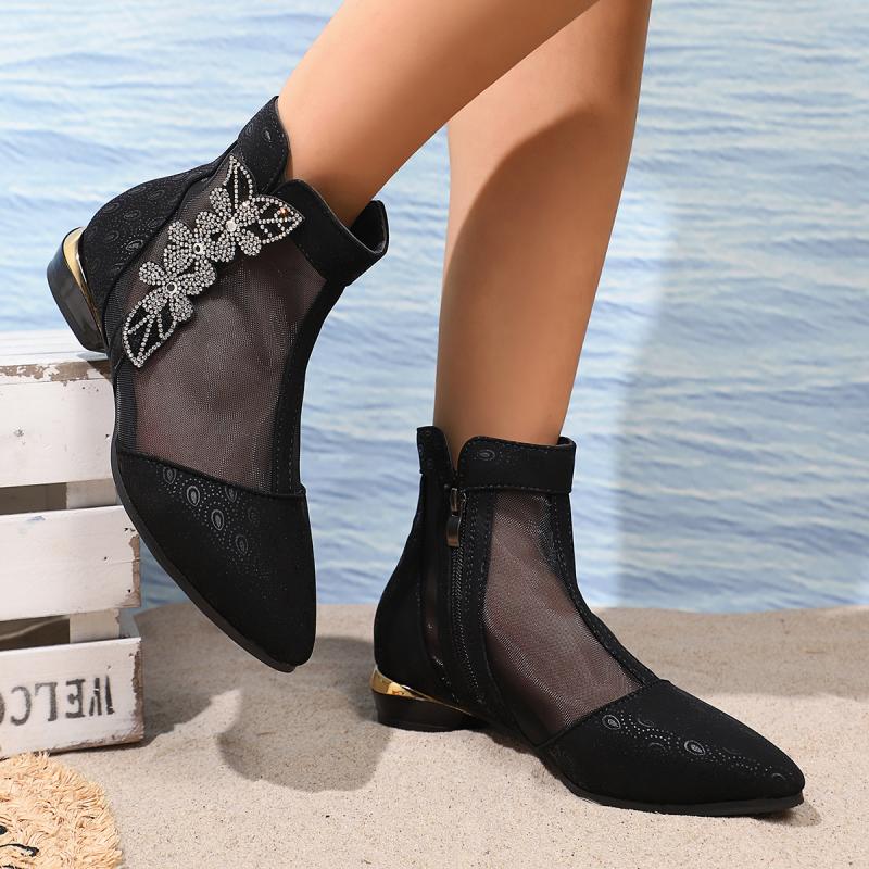 Mode Luxus Glitzer Blume Atmungsaktive Mesh Stiefel Damen 2025 Sommer Sexy Spitzzehe Niedriger Absatz Stiefeletten Seitenreißverschluss Schwarz Booties