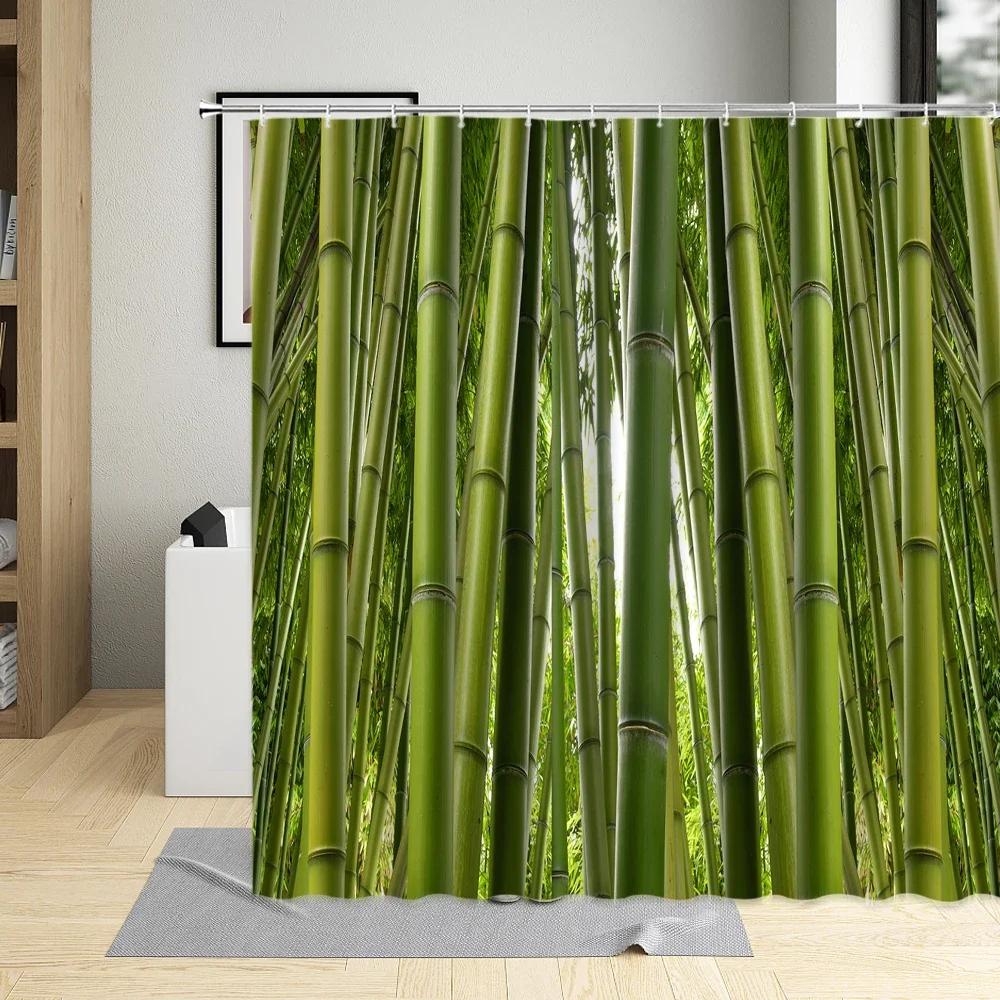 Bamboo Shower Curtain Bathroom Home Decor Green Plants Landscape Bath Curtains With Hooks Polyester Waterproof Fabric Washable