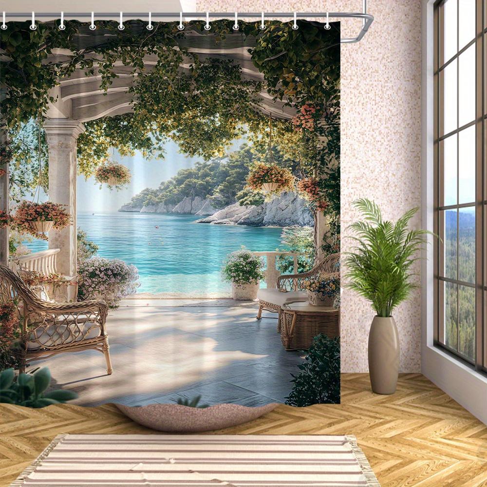1 Stück Duschvorhang - Mediterraner Meerblick mit einem ruhigen Ozean, üppigem Grün und gemütlichen Terrassenmöbeln, Perfekt