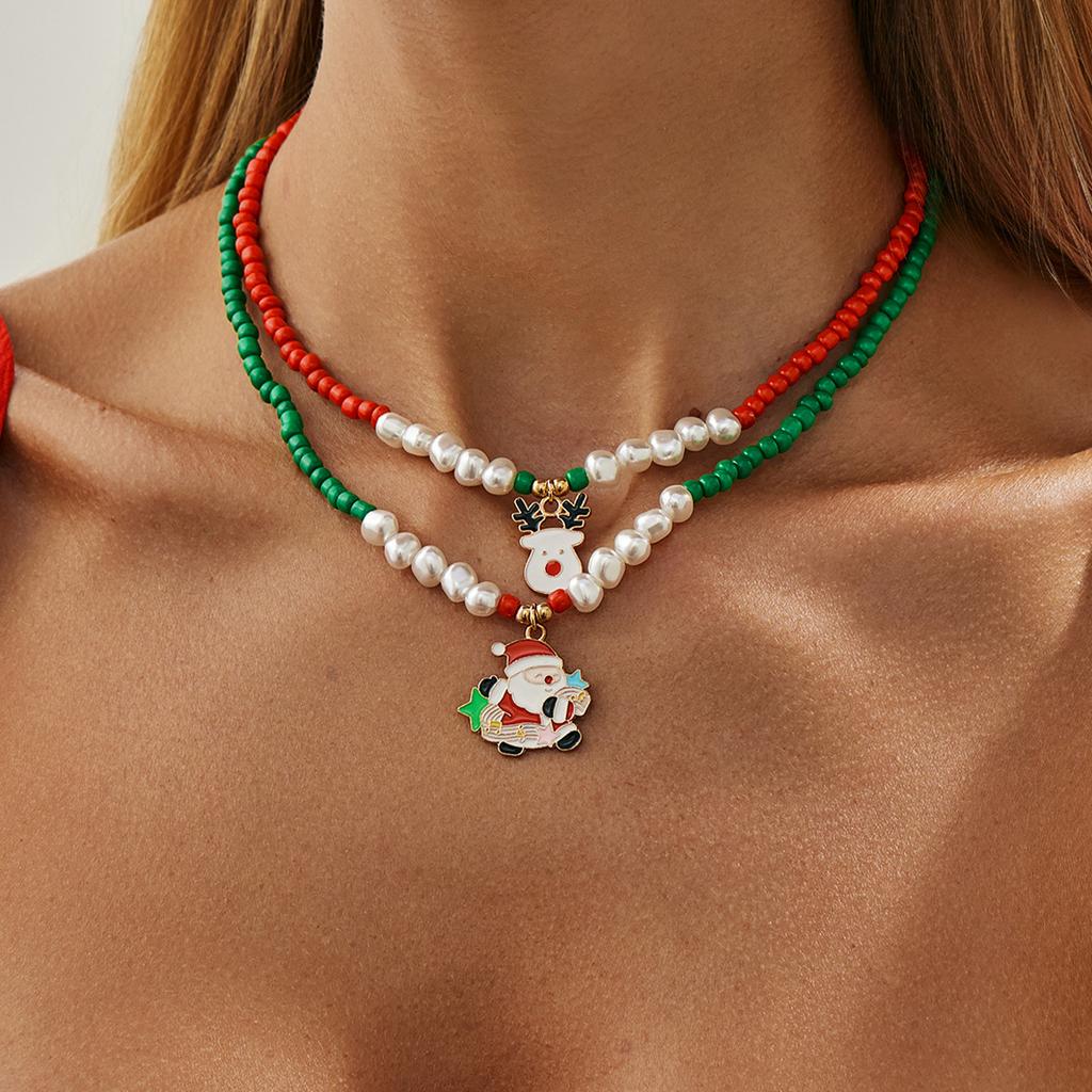 Christmas Imitation Pearl Beaded Collarbone Necklace, Festive Style Stacked With Santa Claus Elk Necklace