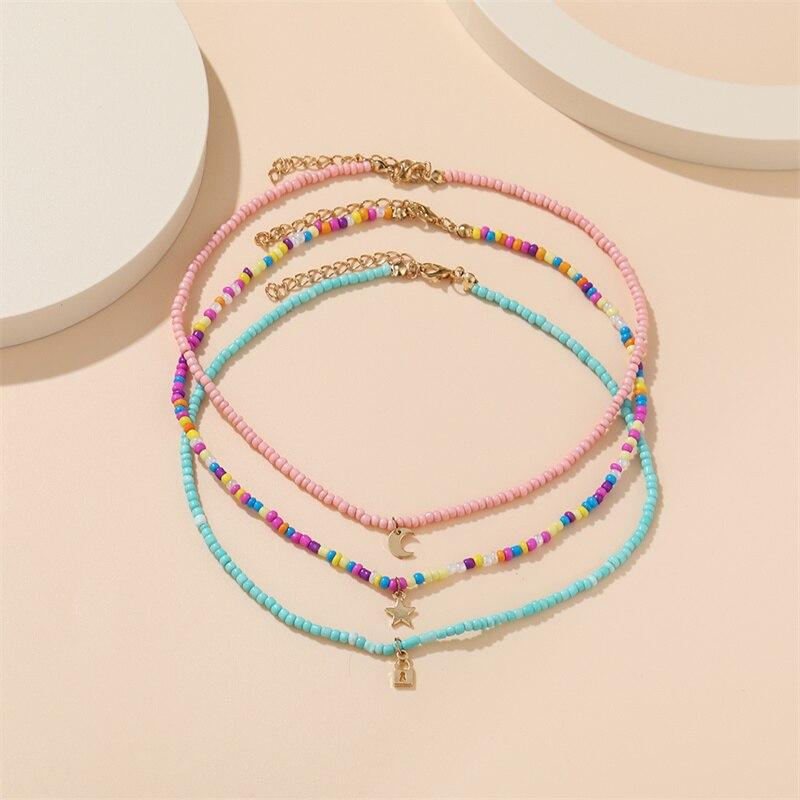iF ME Candy Colors Necklace Bead Chain Gift For Women Star Moon Lock Pendant Jewelry Trend Party Creative Choker