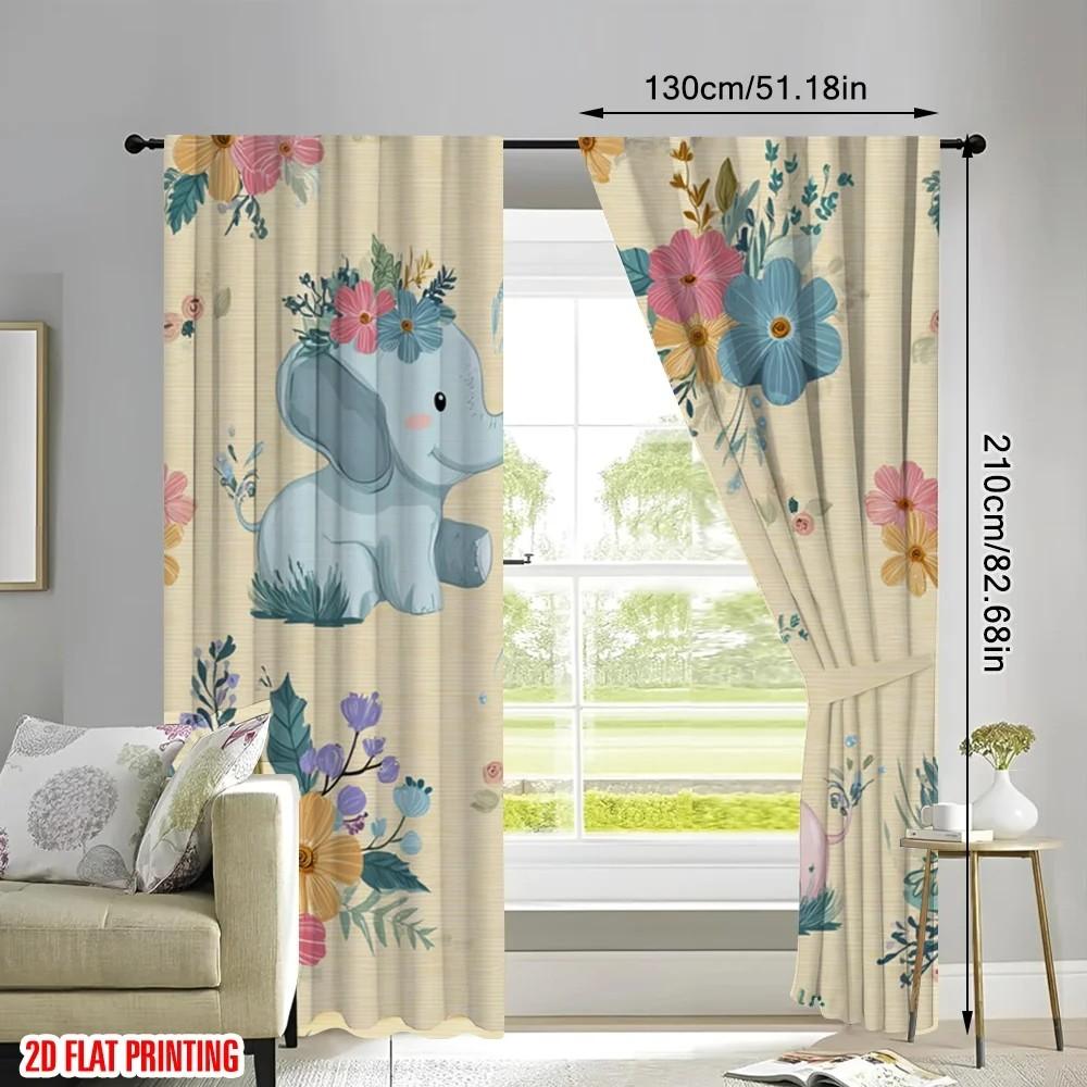 Blühende Florale Elefanten Vorhänge Kinderzimmer Deko Verdunkelnd Set mit 2 Stück Aus Polyester Mit Stangentasche