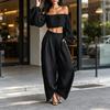 Two Piece Sets for Women Long Sleeve Off Shoulder Crop Top Wide Leg Pants Set Summer Vacation Going Out Outfits