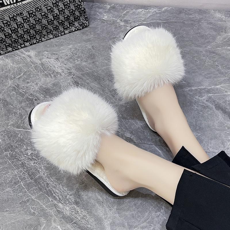 Foreign Trade Slippers, Long-haired Slippers, Women's Summer Wear, Hairy Slippers Flat Bottom, One-word Drag, Autumn and Winter