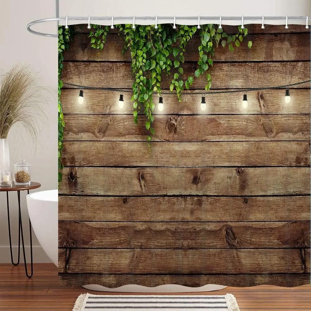 Vintage Rustic Wooden Door Shower Curtain Farmhouse Country Wood Board Green Leaf Waterproof Bathroom Curtain With 12Pcs Hook