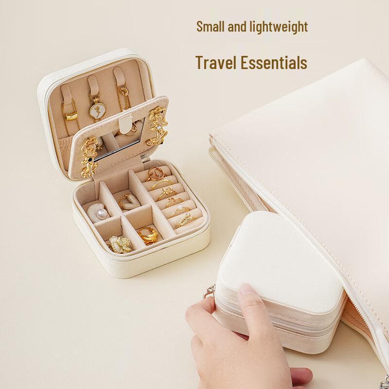 High-End Jewelry Storage Box with Mirror Pattern for Rings, Earrings, Necklaces - Women's Zipper Style Organizer.