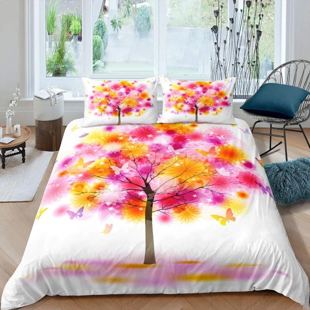 Flying Butterflies Duvet Cover Set, Iridescent Butterfly Tree of Life Bedding Sets, Autumn Maple Leaf Comforter Covers 3 Pieces