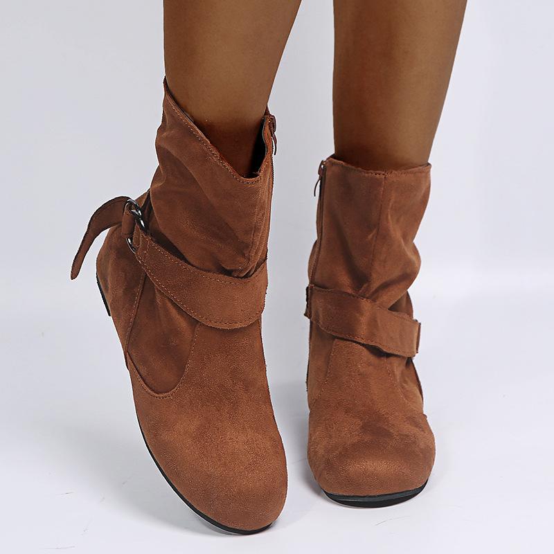 Women's Elastic Ankle Boots, Solid Color Round Toe Side Zipper Boots, Comfortable Flat Boots