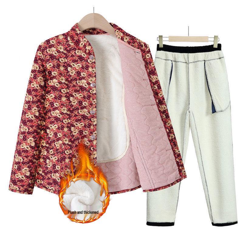 Grandma's Winter Floral Cotton Jacket with Velvet Lining - Warm, Thickened, Small Size for Elderly Women
