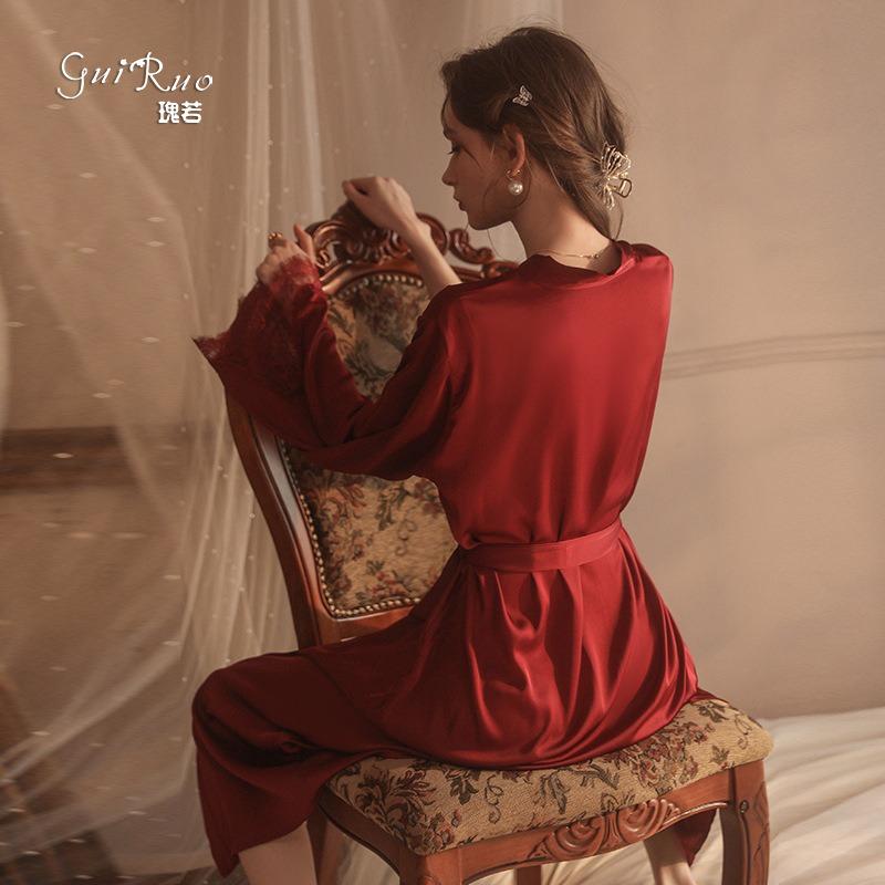Wide Open Belt Satin Split Strap Lace Stitching Long Nightgown Bathrobe Set