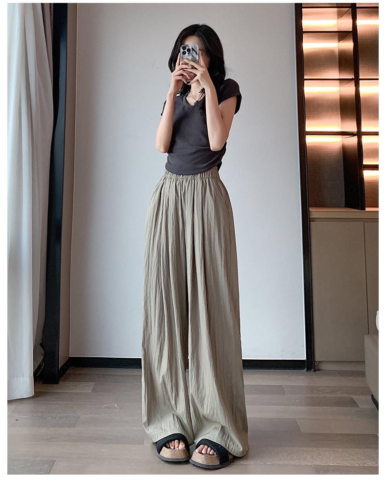 Women's Summer Blue Wide-Leg Ice Silk Pants - Casual Pleated Zen Style