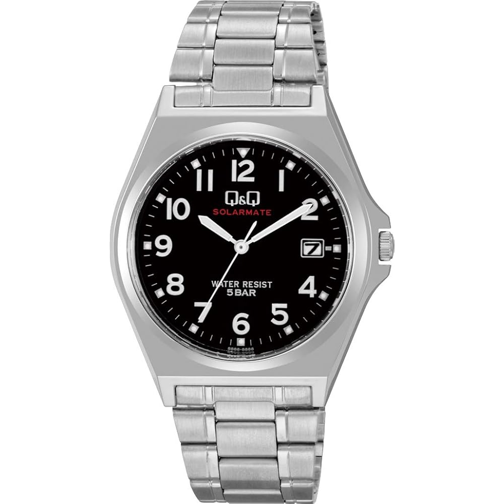 Citizen Q&Q Men's Watch, H060-205, 5 ATM Water Resistant, Analog, Solar Powered, Date Display, Metal Band, Black Dial, Silver