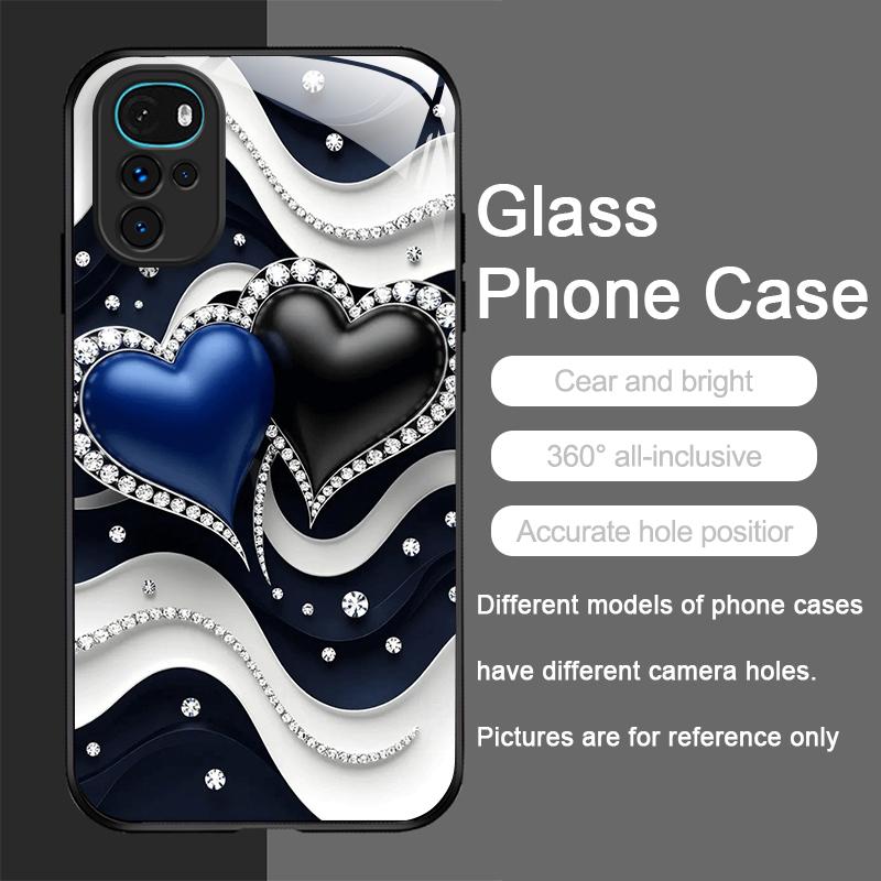 Stylish Black White Heart with Pearls Tempered Glass Phone Case for Motorola Moto G85 G84 G75 Edge 50 Fusion 40 Neo 30 Pro Cover
