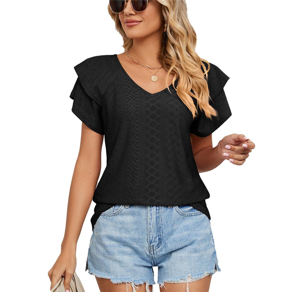 Womens Summer Eyelet Tops V Neck Double Ruffle Sleeve Casual Blouse Shirts Loose Fit Tops