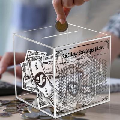Clear Acrylic Money Saving Box Unbreakable Piggy Bank 365 Days Cash Vault
