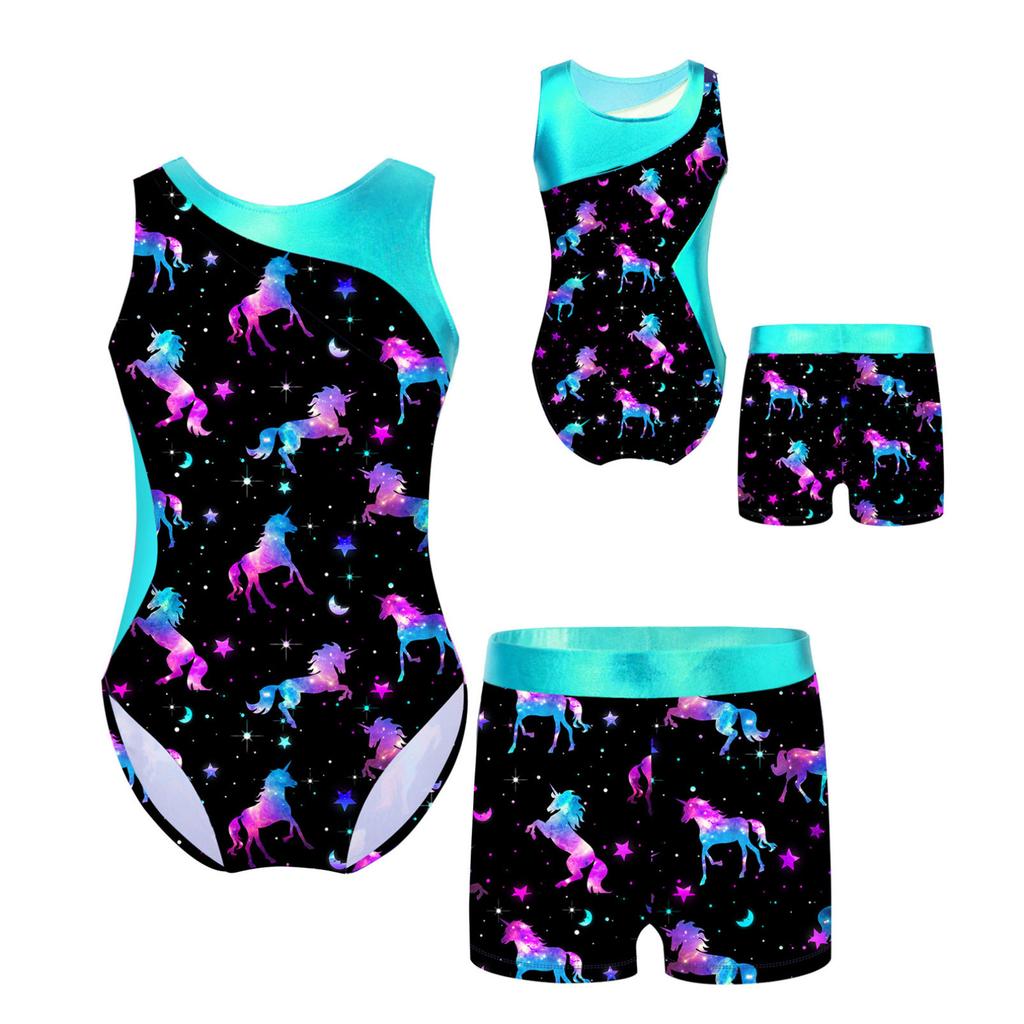 Girls Printed Gymnastics Leotard Dance Outfit 2 Pieces Swimwear Jumpsuit with Shorts Ballet Suit