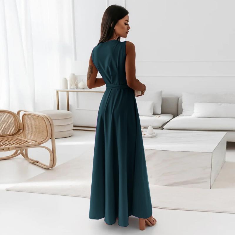 Women's Fashion Summer Spring Solid Color Print Sleeveless V-Neck High Waist Casual Dresses