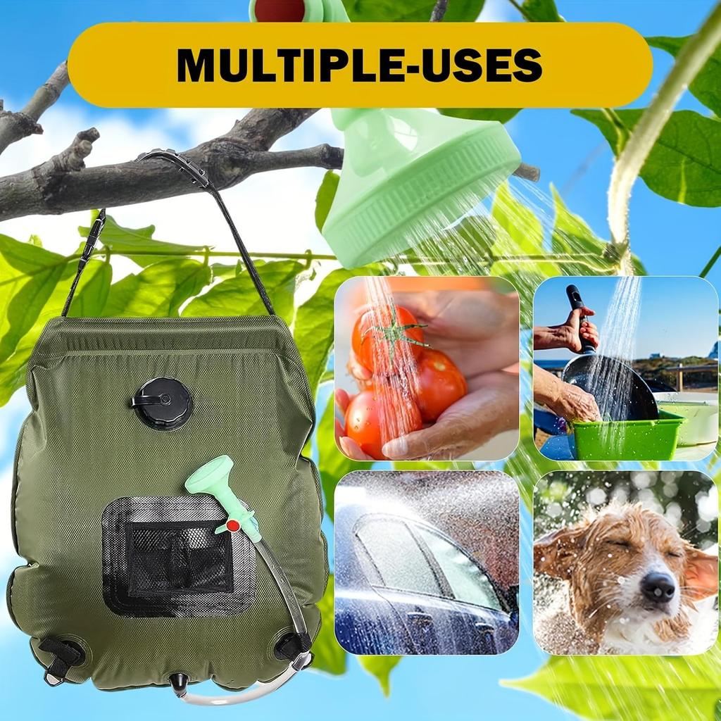 Solcelledusjpose 5 Gallon (20L), soloppvarmet campingdusjpose, avtakbar slange, justerbart dusjhode, reisedusj