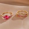Vintage Golden Color Round Cut Rose Red Stone Cross Ring Set Wedding Band Ring Set Valentine's Day Gift