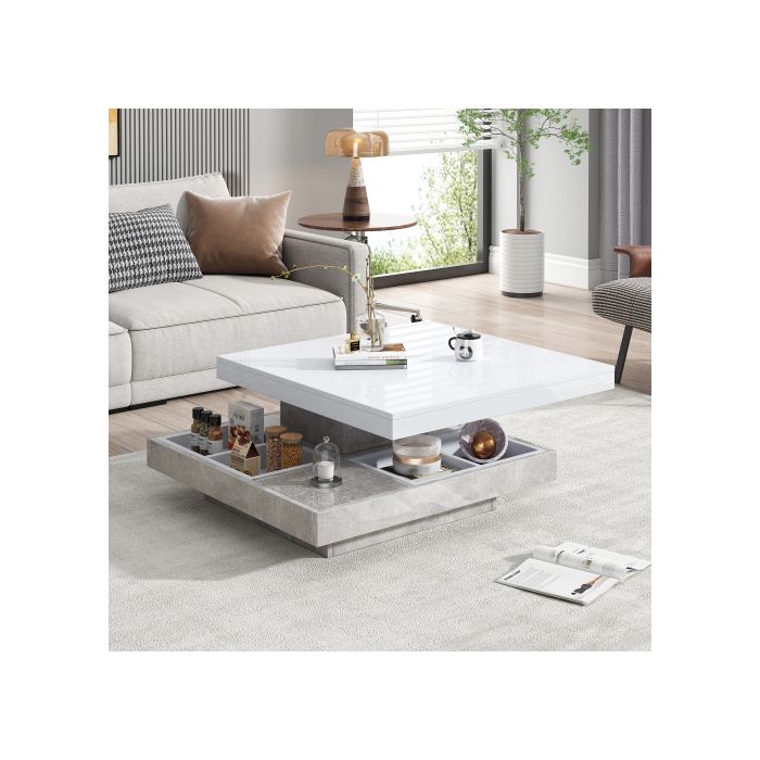 Table basse - MUVOE - Double plateau pivotant - Blanc - Marbré - 70x70cm