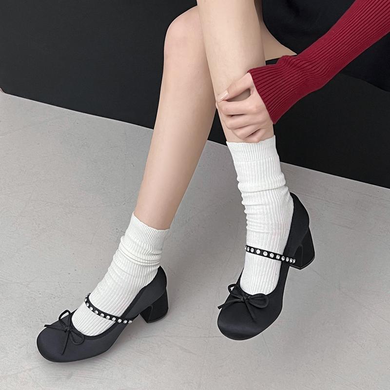 2025 Spring New Women's Shoes Round Head Bow French Rhinestone One-word Strap High Heels Mary Jane Shoes Single Shoes
