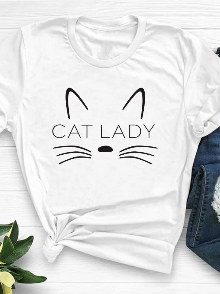 Schattig Kattengezicht Damesprint Dames T-shirt Korte Mouw Ronde Hals Los Dames T-shirt Dames T-shirt Tops Camisetas Mujer