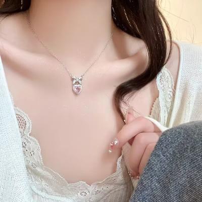 Zircon Bowknot Heart Pendant Necklaces Pink Heart Ladies Girls  Elegant Clavicle Chain For Women Jewelry