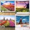 Dutch Windmill Tulip Flower Field Background Cloth Office Living Room Tapestry Home Wall Decoration Tapestry
