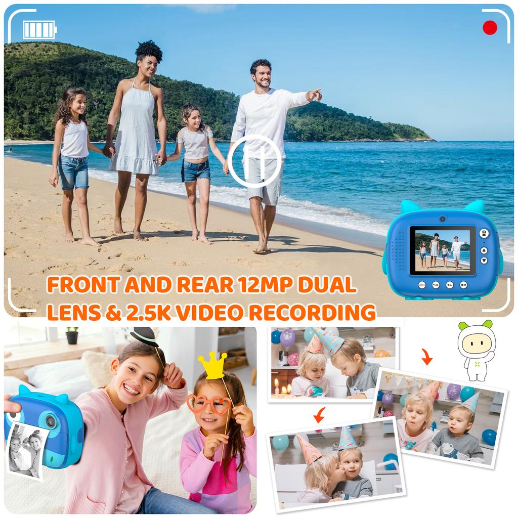 2.5K Cute Kids Instant Camera 12MP Kids Digital Camera Childeren Instant Print Camera with 2.4-inch