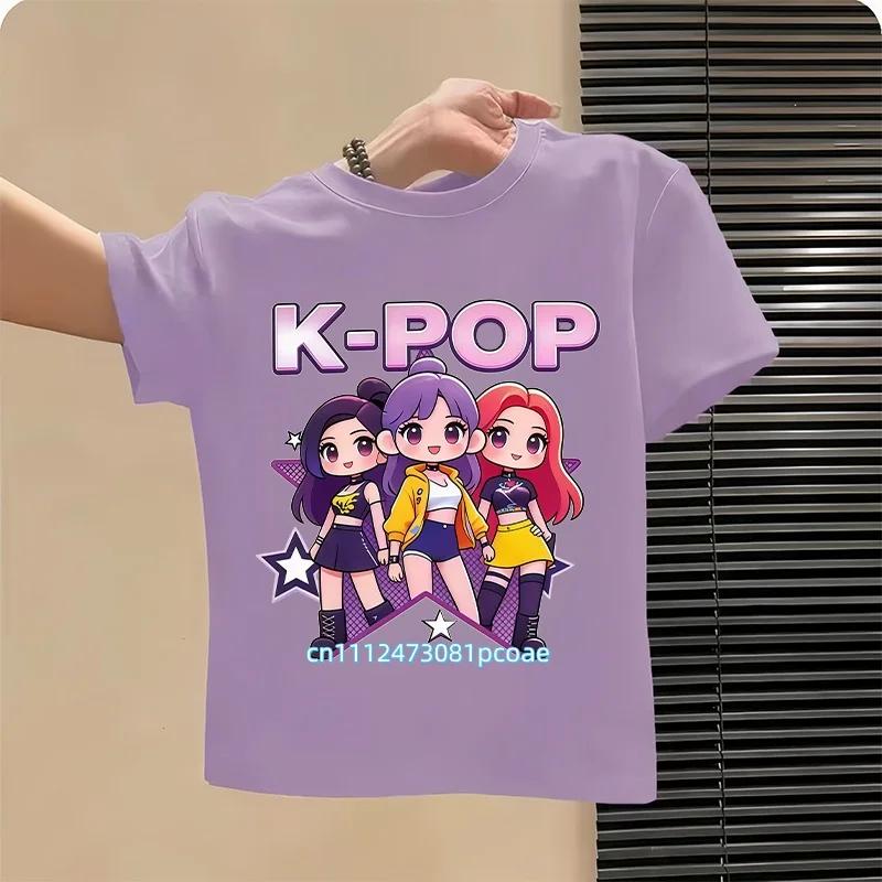 Summer Kpop Popular Cartoon Print Childrens Design Casual Harajuku Style Round Neck Short Sleeved Top Fans Gifts Kids Clothes