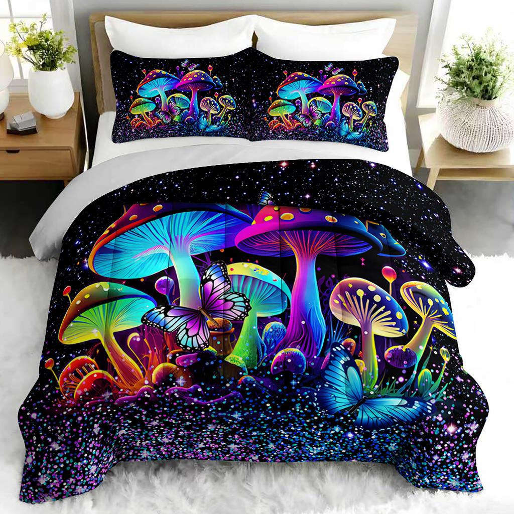 3-teiliges Pilz & Schmetterling Psychedelisches Bettwäsche-Set Leuchtet im Dunkeln Bettdecke mit 2 Kissenbezügen für Schlafzimmer Wald-Thema