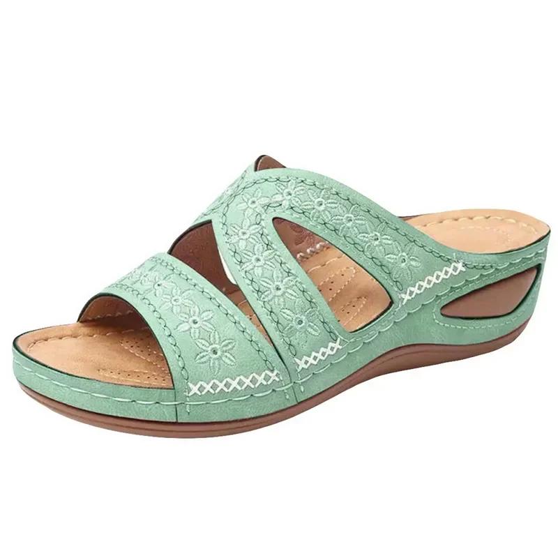 2024 Summer Women Wedge Sandals Premium Orthopedic Open Toe Sandals Vintage Anti-slip Leather Casual Female Platform Retro Shoes