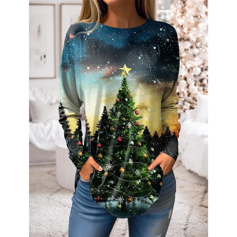 Spring and Autumn Round Neck Christmas Theme 3D Printed Top Fashionable Casual Long Sleeved Women's T-shirts