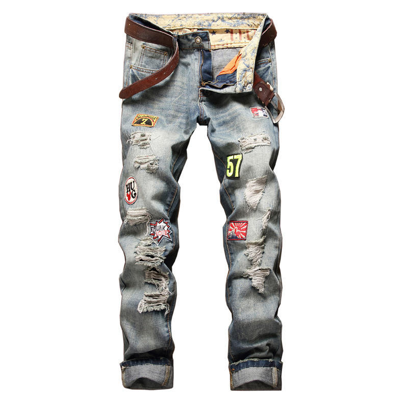 2024 Europese en Amerikaanse nieuwe jeans voor heren Slim Fit Straight Leg Badge Distressed Jeans