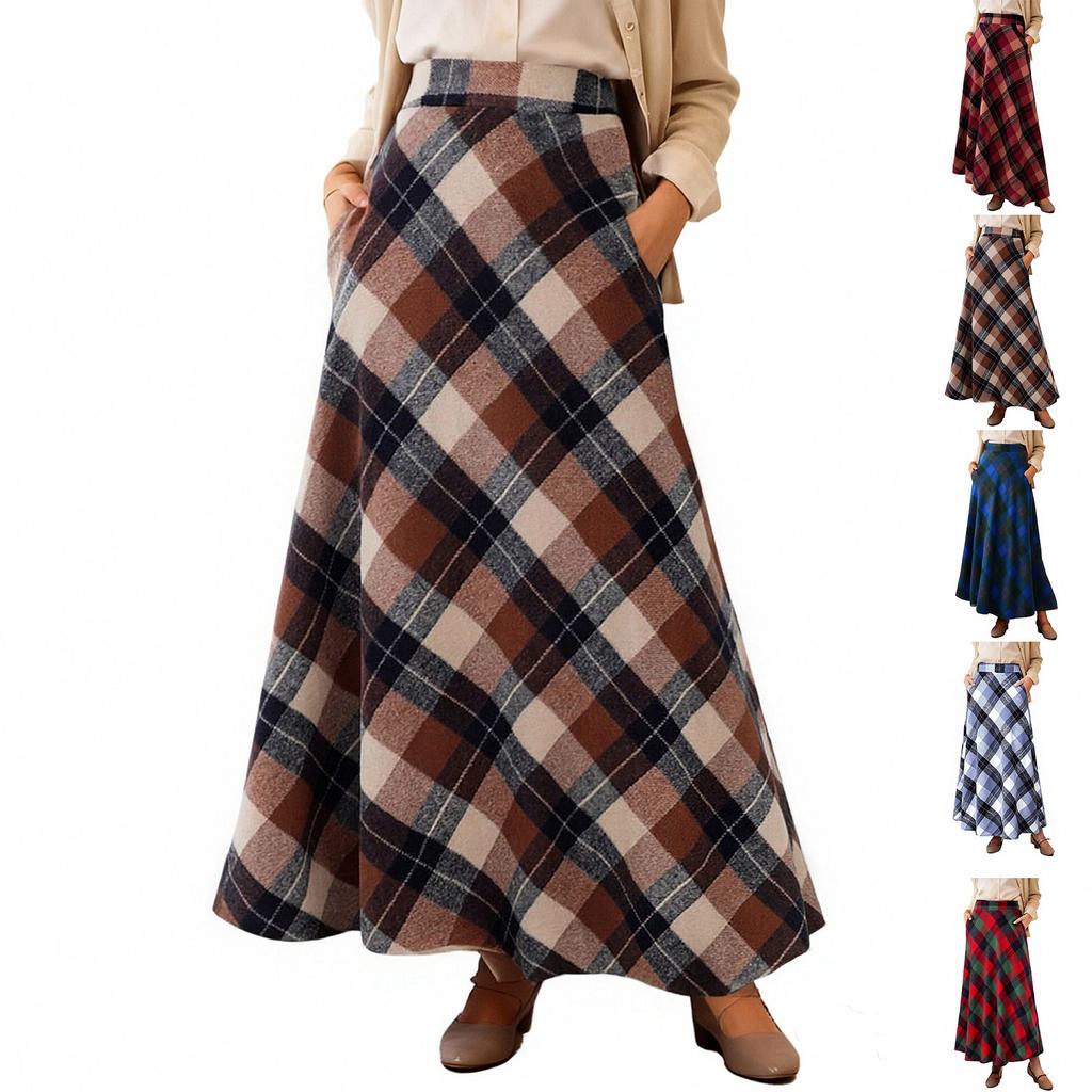 Damen Retro Karomuster Maxi-Rock, Hoher Bund, Modischer Lässiger A-Linien Faltenrock Karomuster Bodenlang