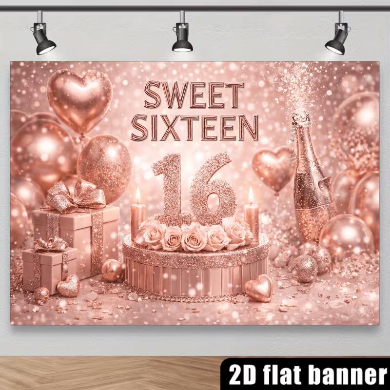 2D Rose Gold Sweet Sixteen Backdrop 16th Birthday Party Background